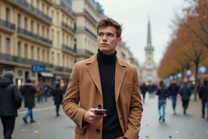 Jeune homme influent photographié dans un boulevard parisien en automne, ambiance urbaine contemporaine