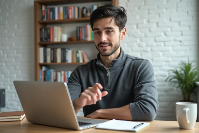 Jeune entrepreneur concentré travaillant sur son ordinateur portable dans un bureau minimaliste