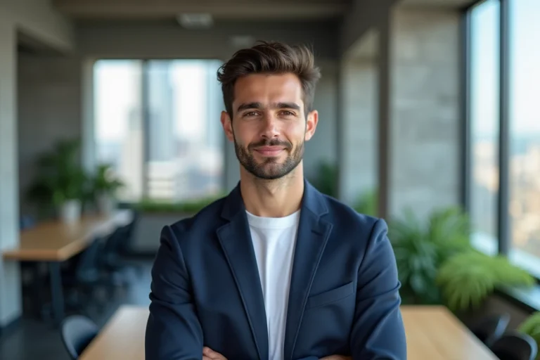 Portrait professionnel d'un jeune homme ambitieux dans un espace de coworking moderne en 2025