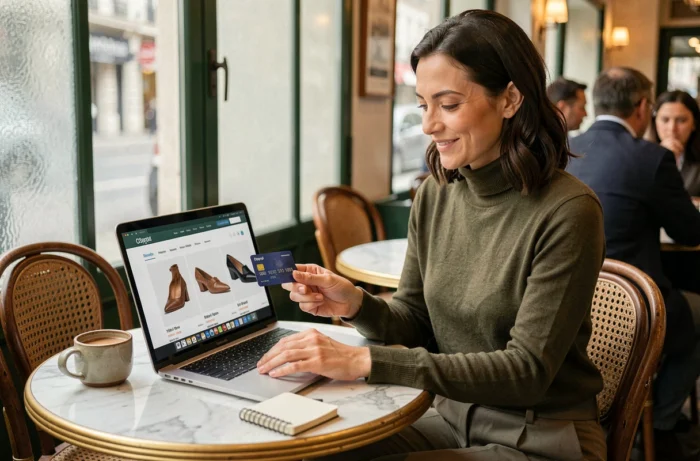 Femme finalisant un achat de chaussures tendance en ligne avec sa carte bancaire dans un café parisien