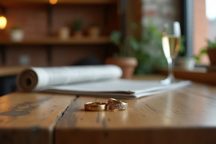 Deux alliances élégantes posées sur une table en bois dans un café, symbole de fiançailles et de mariage en 2026