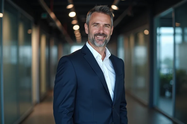 Animateur télévision élégant en costume bleu marine dans un couloir de studio moderne, sourire naturel et allure confiante