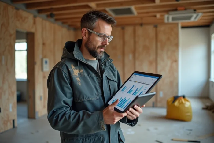 Artisan consultant un devis de rénovation sur tablette dans un chantier de travaux intérieurs