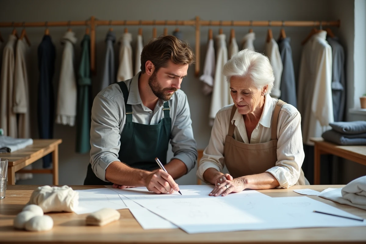 Deux artisans en atelier cousant et dessinant des patrons