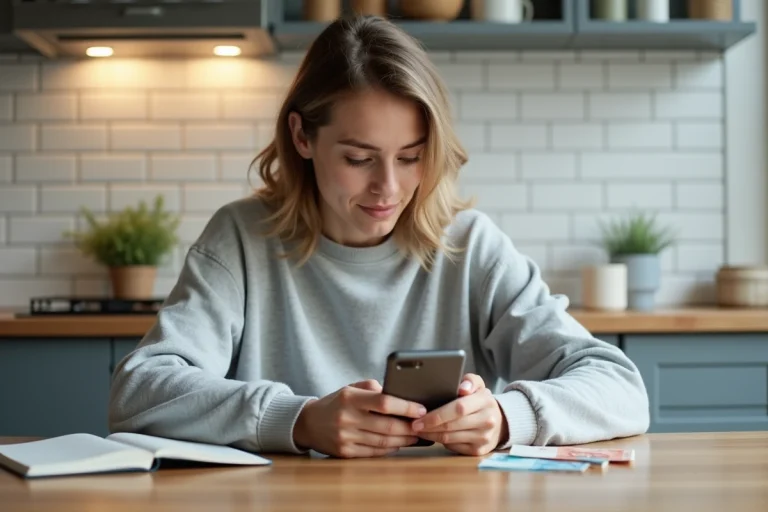 Jeune femme consultant son smartphone à la cuisine avec des billets en euros sur la table, illustrant les avances d'argent rapides en ligne