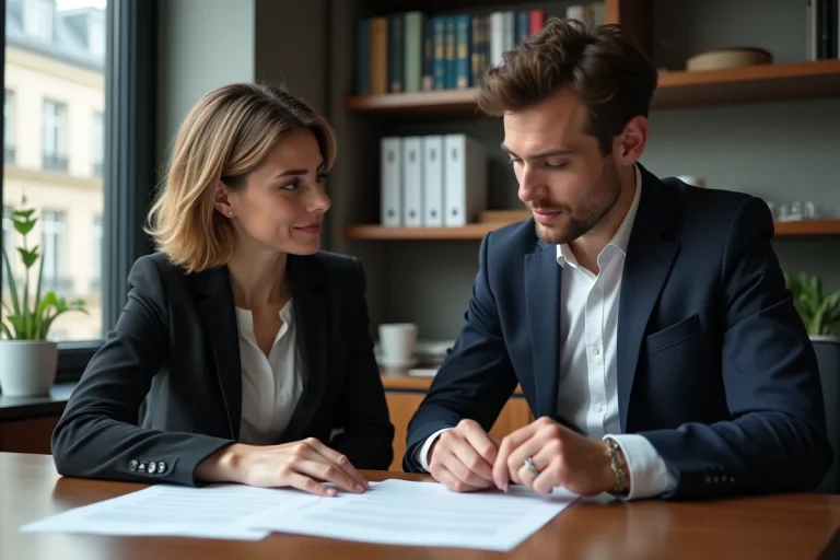 Femme avocate et jeune homme en réunion dans un bureau moderne