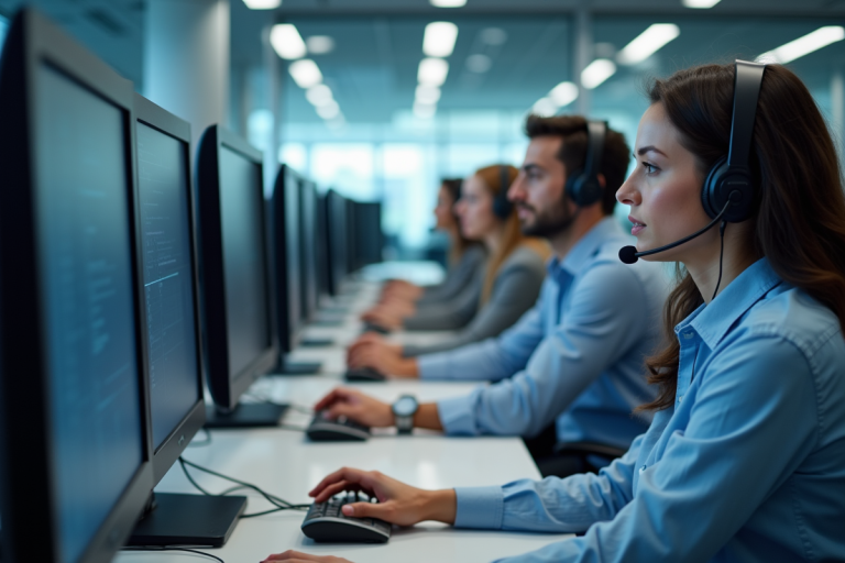 Centre d'appels moderne avec employés divers et écrans
