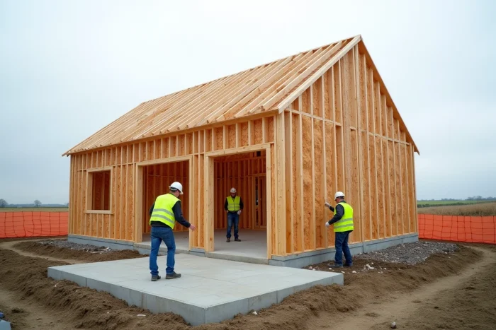 Chantier de construction d'une maison Natilia à ossature bois avec ouvriers posant les panneaux préfabriqués sur dalle béton