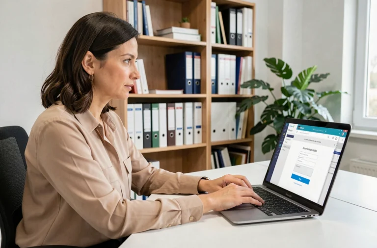 Enseignante se connectant au webmel académique sur un ordinateur portable dans un bureau scolaire