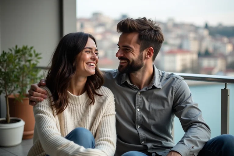 Couple souriant sur un balcon à Istanbul
