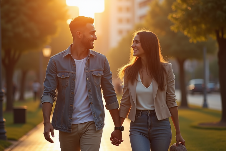 Couple de célébrités souriantes dans un parc ensoleille