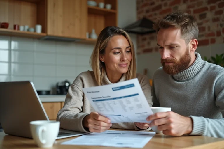 Couple comparant des offres de crédit travaux sur des documents papier dans une cuisine en cours de rénovation