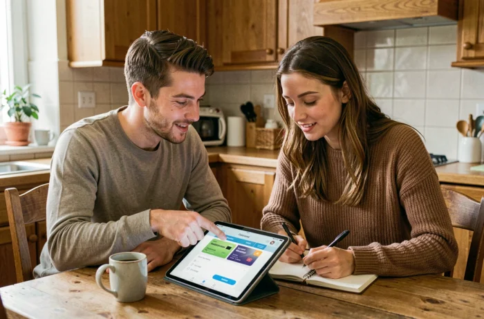 Couple comparant les offres de cartes bancaires Crédit Agricole sur une tablette dans leur cuisine
