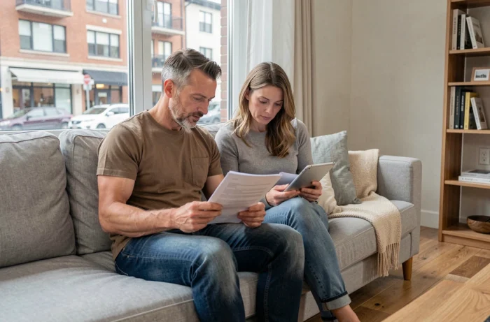 Couple consultant des documents et annonces immobilières en ligne sur une tablette dans un salon moderne