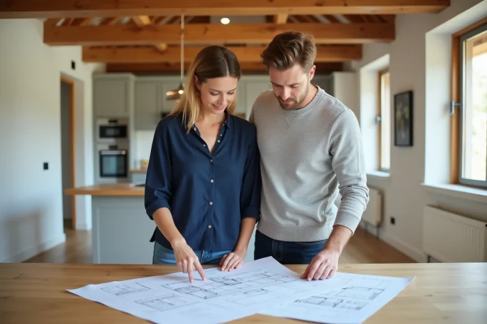 Couple consultant les plans et le devis de construction d'une maison Natilia dans un intérieur contemporain en bois