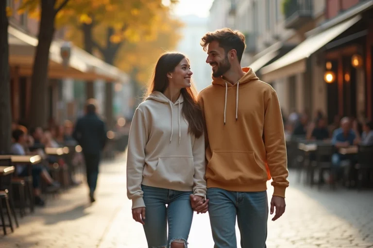 Couple de footballeur et sa compagne se promenant sur un boulevard urbain européen, style de vie moderne et décontracté