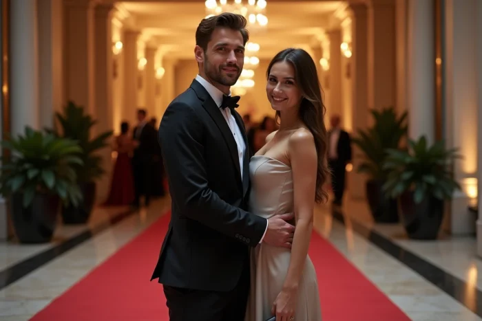 Couple footballeur et compagne lors d'un événement mondain, tenue élégante sur tapis rouge, photo éditoriale style magazine people
