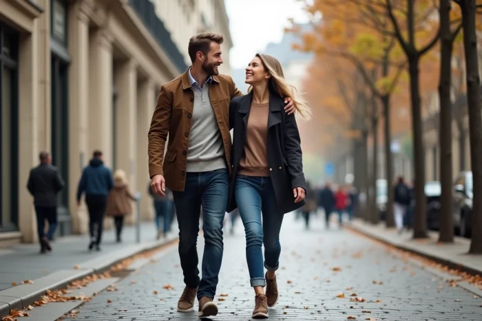 Couple élégant se promenant et riant sur un boulevard parisien hausmannien en automne, ambiance romantique et détendue