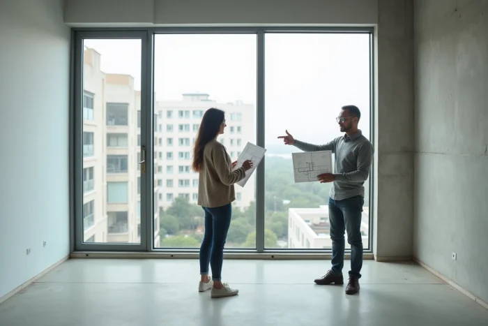 Couple visitant un appartement neuf vide avec vue sur un quartier résidentiel urbain pour un investissement immobilier en 2024