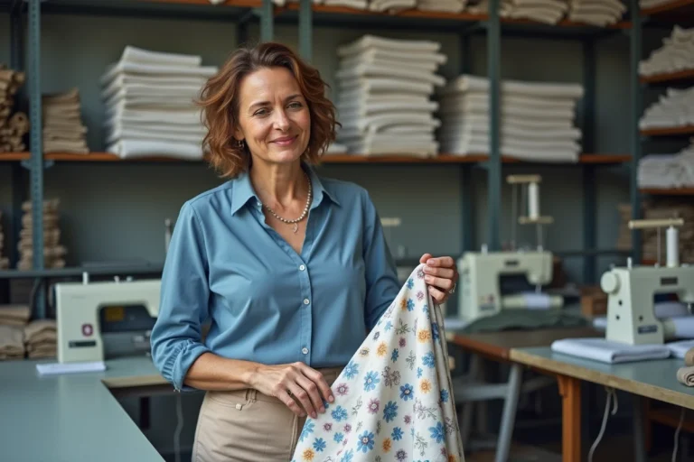 Couturière femme examine un tissu floral dans un atelier moderne