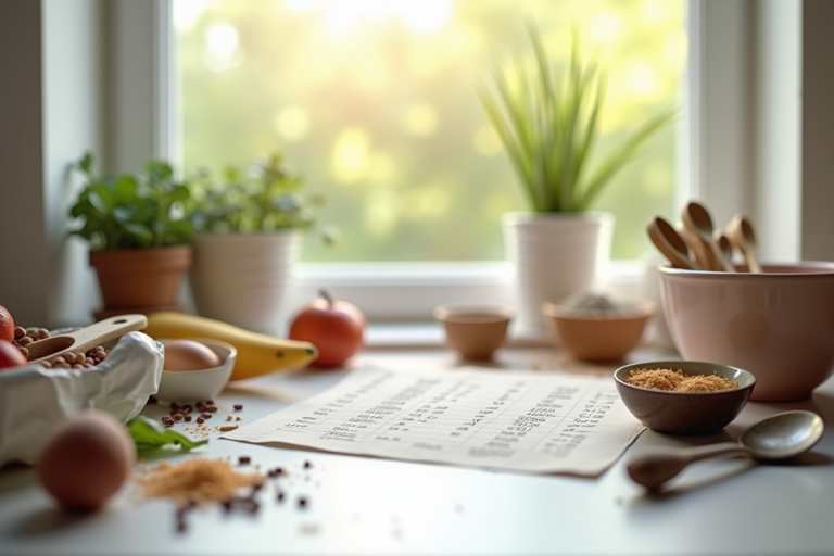 Plan de la cuisine avec ustensiles et tableau de conversion