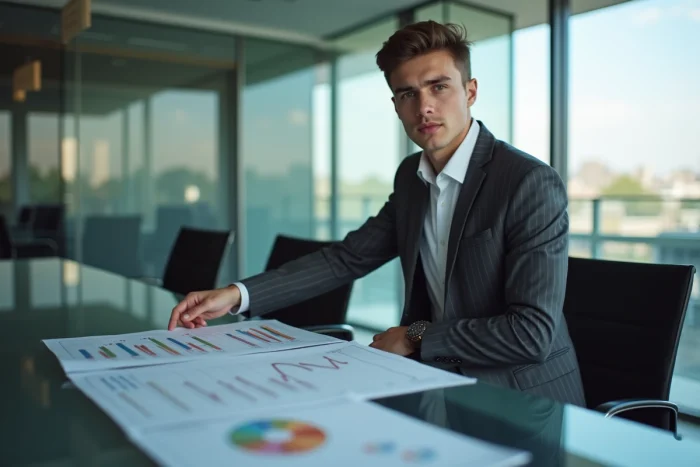 Jeune diplômé du master El Karoui présentant son portfolio en finance quantitative lors d'un entretien dans une banque parisienne