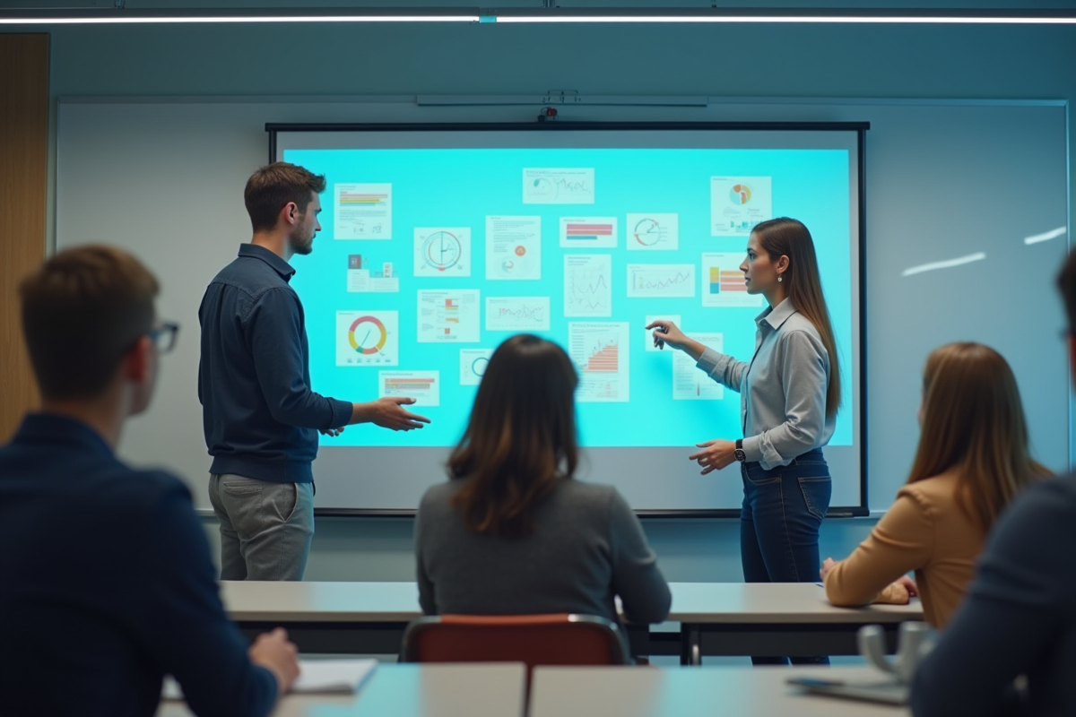 Enseignant guidant un élève sur tableau interactif