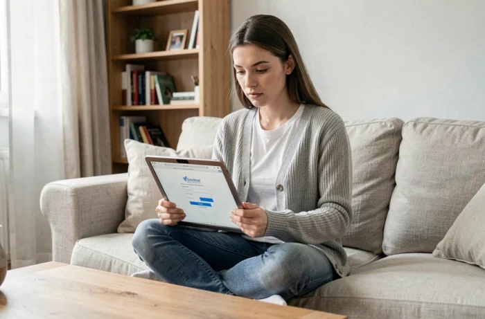 Jeune enseignante se connectant au webmel académique depuis son domicile sur une tablette