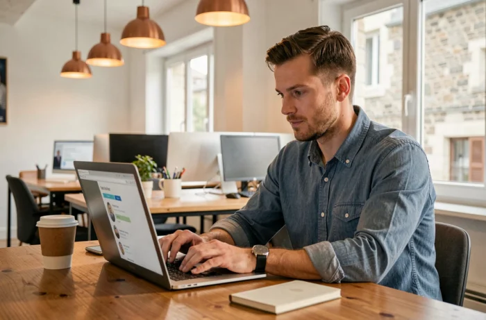 Jeune entrepreneur breton concentré sur son ordinateur portable dans un espace de travail partagé, développant son réseau professionnel en ligne