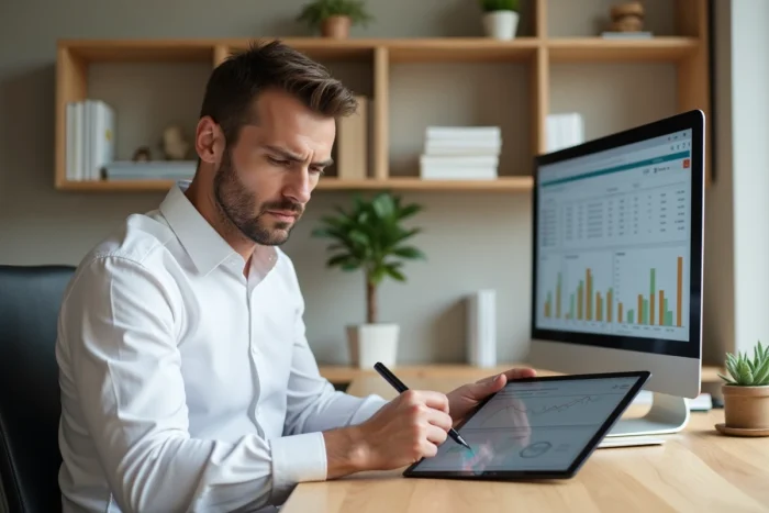 Entrepreneur masculin annotant un rapport financier numérique sur tablette dans un bureau à domicile minimaliste et organisé