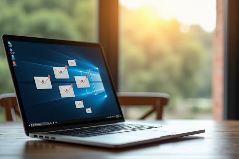 Espace de travail professionnel avec ordinateur portable et boîtes mail
