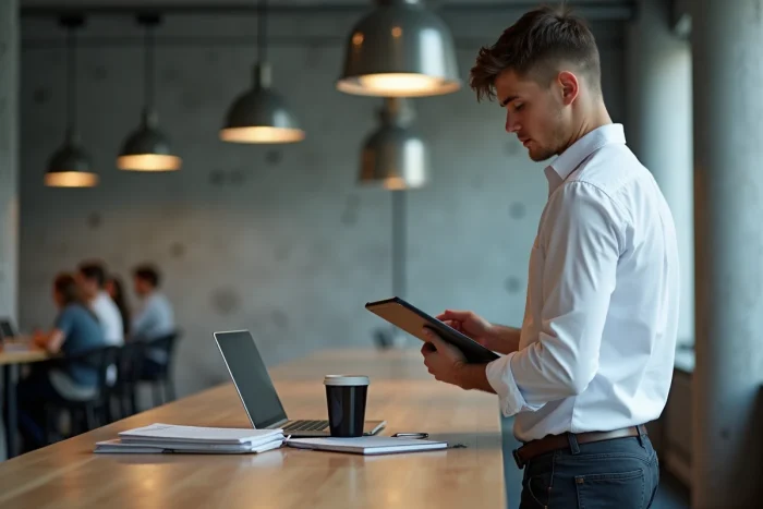 Étudiant consultant la plateforme Blackboard sur une tablette dans un espace commun de campus