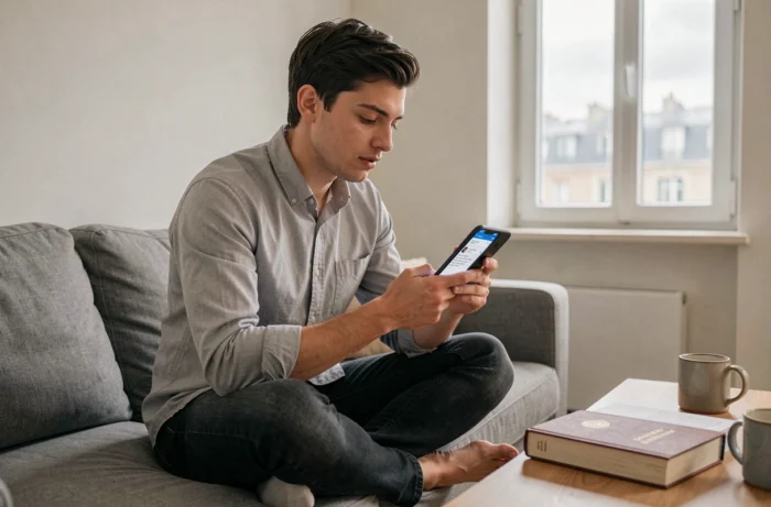 Étudiant masculin vérifiant sa progression académique sur l'application Assas depuis son appartement parisien