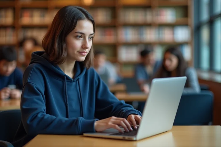 Étudiante connectée à un portail universitaire sur son laptop dans une bibliothèque moderne