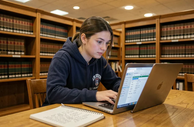 Étudiante en droit consultant ses résultats partiels sur le portail Assas depuis un bureau en bibliothèque universitaire