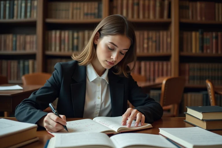 Étudiante en master de mathématiques financières travaillant sur des équations complexes dans une bibliothèque universitaire parisienne