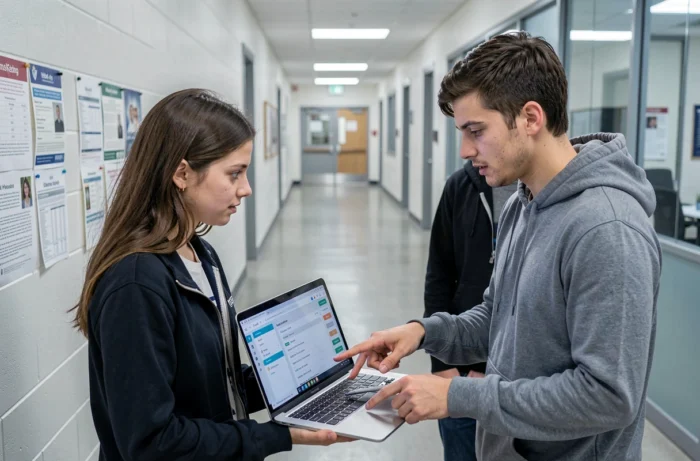 Deux étudiants en droit comparant leurs résultats partiels sur l'interface Assas dans un couloir universitaire