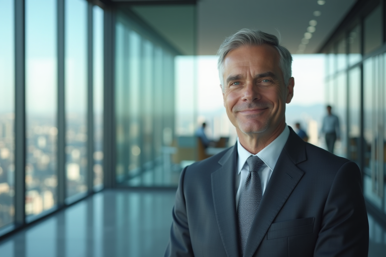 Executif confiant dans son bureau avec vue sur la ville
