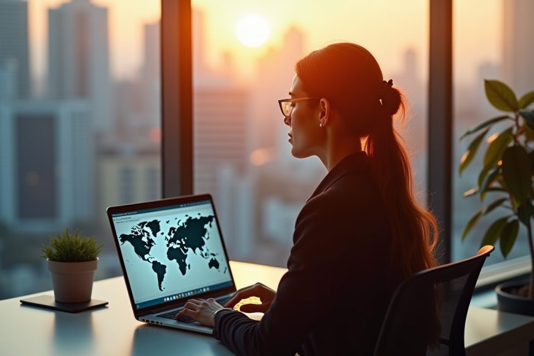 Femme d'affaires au bureau au lever du soleil avec ordinateur