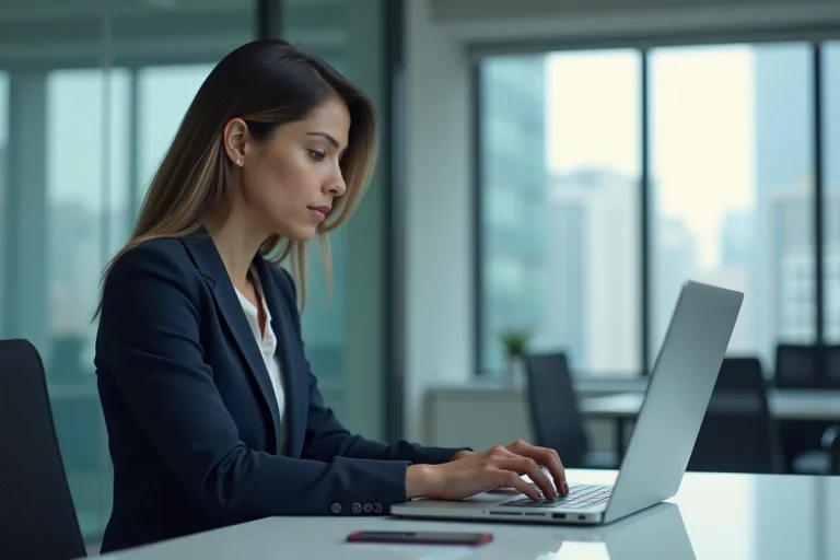 Femme d'affaires regardant des actualités économiques sur son ordinateur