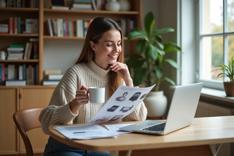 Femme souriante utilisant un ordinateur pour comparer des produits