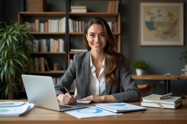 Femme confiante en bureau moderne avec ordinateur et livres