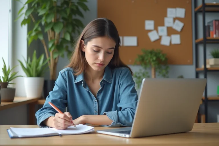 Jeune femme au bureau prend des notes en écrivant