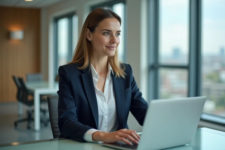 Femme en bureau moderne travaillant sur un ordinateur portable