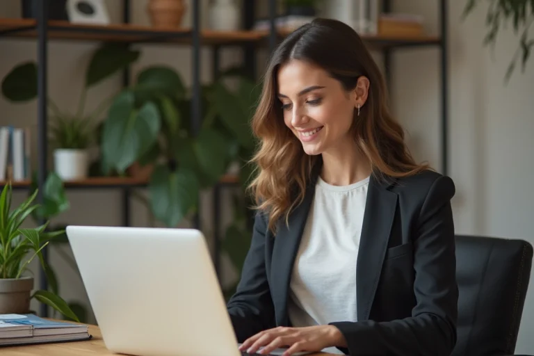 Femme au bureau urbain avec ordinateur portable