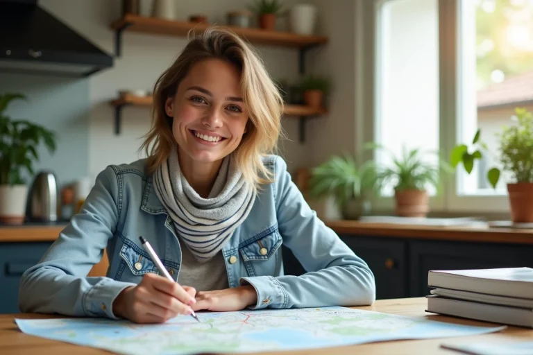 Femme souriante planifiant un voyage avec carte et guides