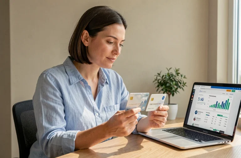 Femme comparant deux cartes bancaires Crédit Agricole à son bureau à domicile