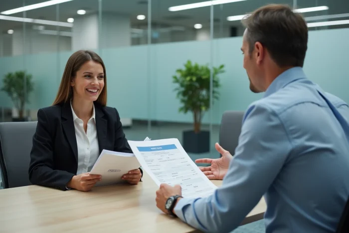 Femme consultant un conseiller bancaire pour obtenir le meilleur taux de crédit travaux en agence