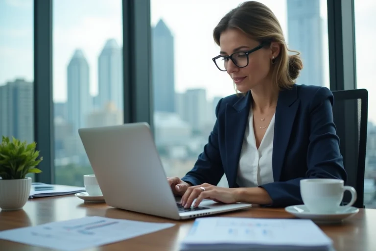 Femme dirigeante analysant des rapports financiers sur ordinateur portable dans un bureau professionnel moderne avec vue sur la ville