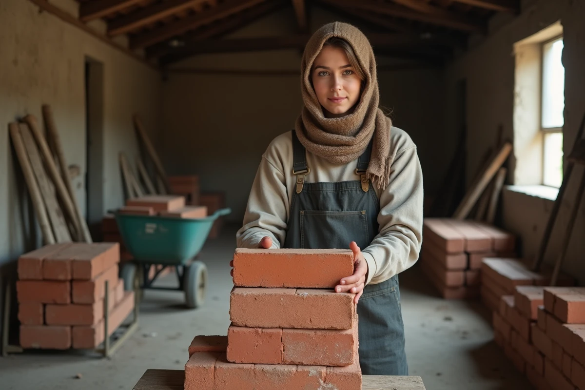 Jeune femme empilant des briques dans un atelier intérieur